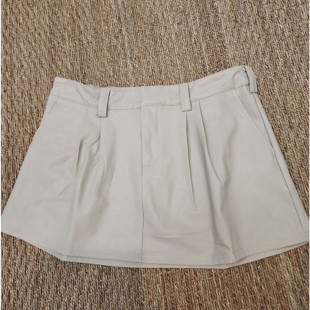 Sky To Moon Pleather Cream Mini Skirt with Pleat Front Size S